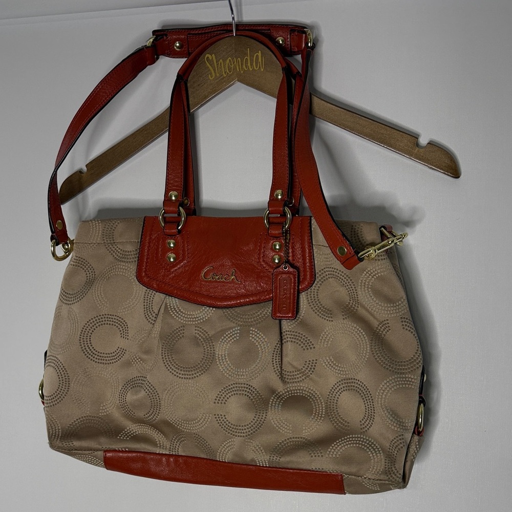 Coach Tan and Red Signature Shoulder Bag